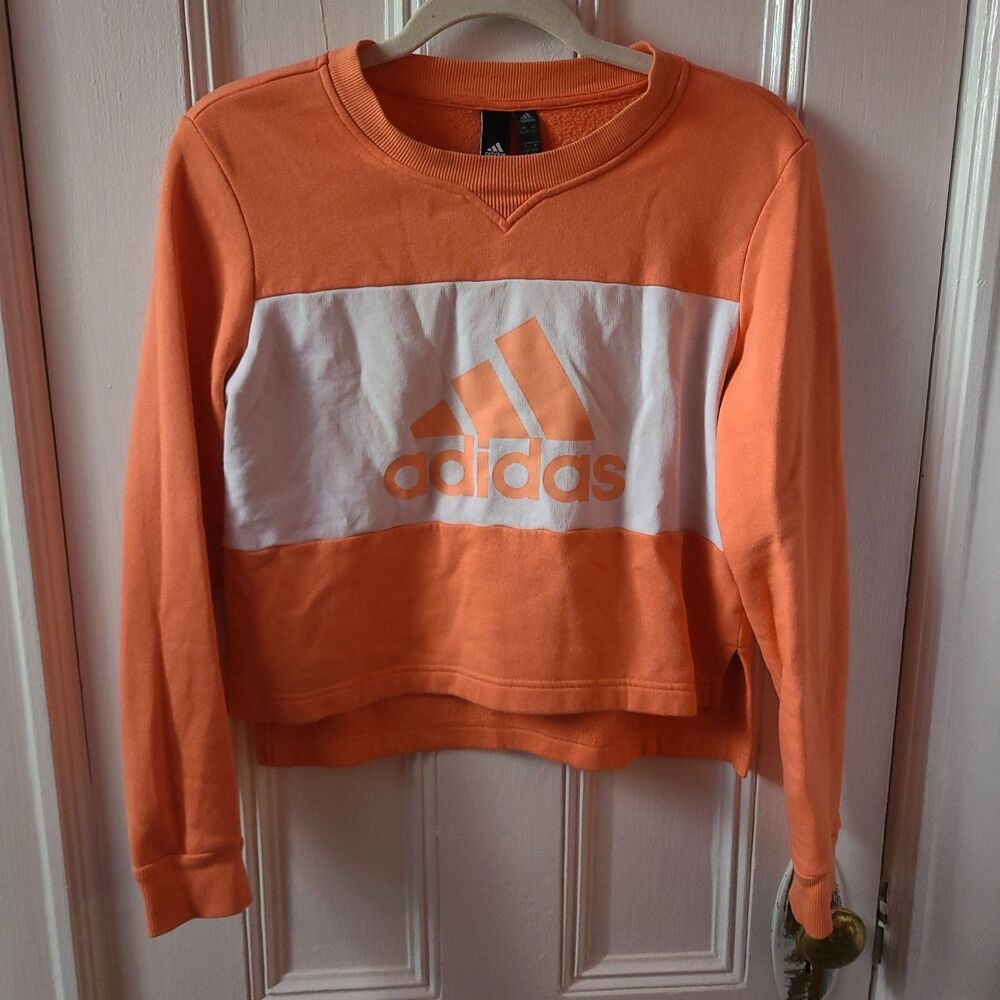 adidas Women’s S Orange/White Colorblock Logo Graphic Fleece Crew Sweatshirt